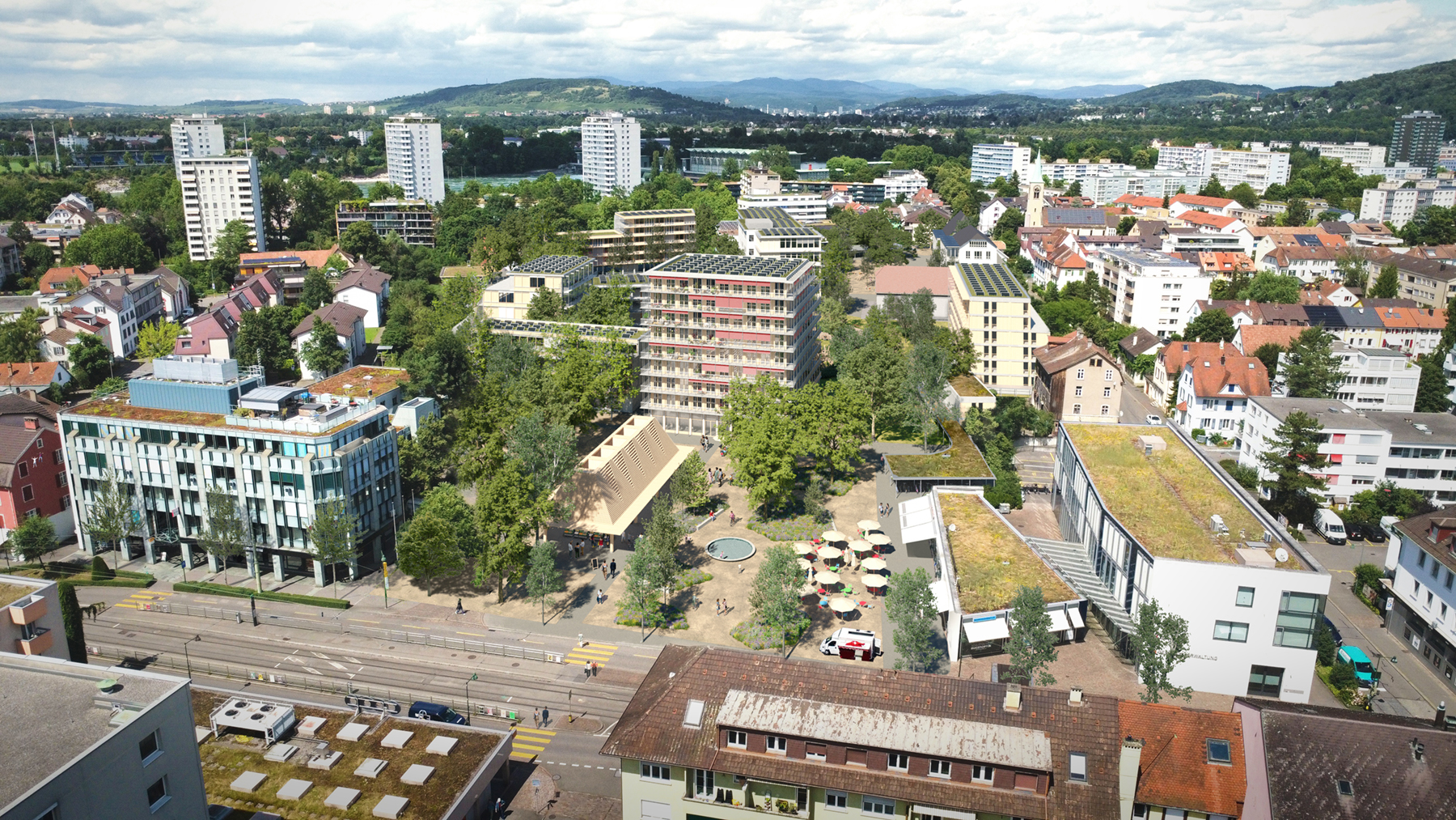  Visualisierung: Vogelperspektive mit Blick Richtung Kraftwerk über den Zentrumsplatz, den Birspark und das SchularealStand August 2024, © Studio Gugger, Basel | Westpol Landschaftsarchitektur, Basel | Visualisierung: Nightnurse Images AG, Zürich