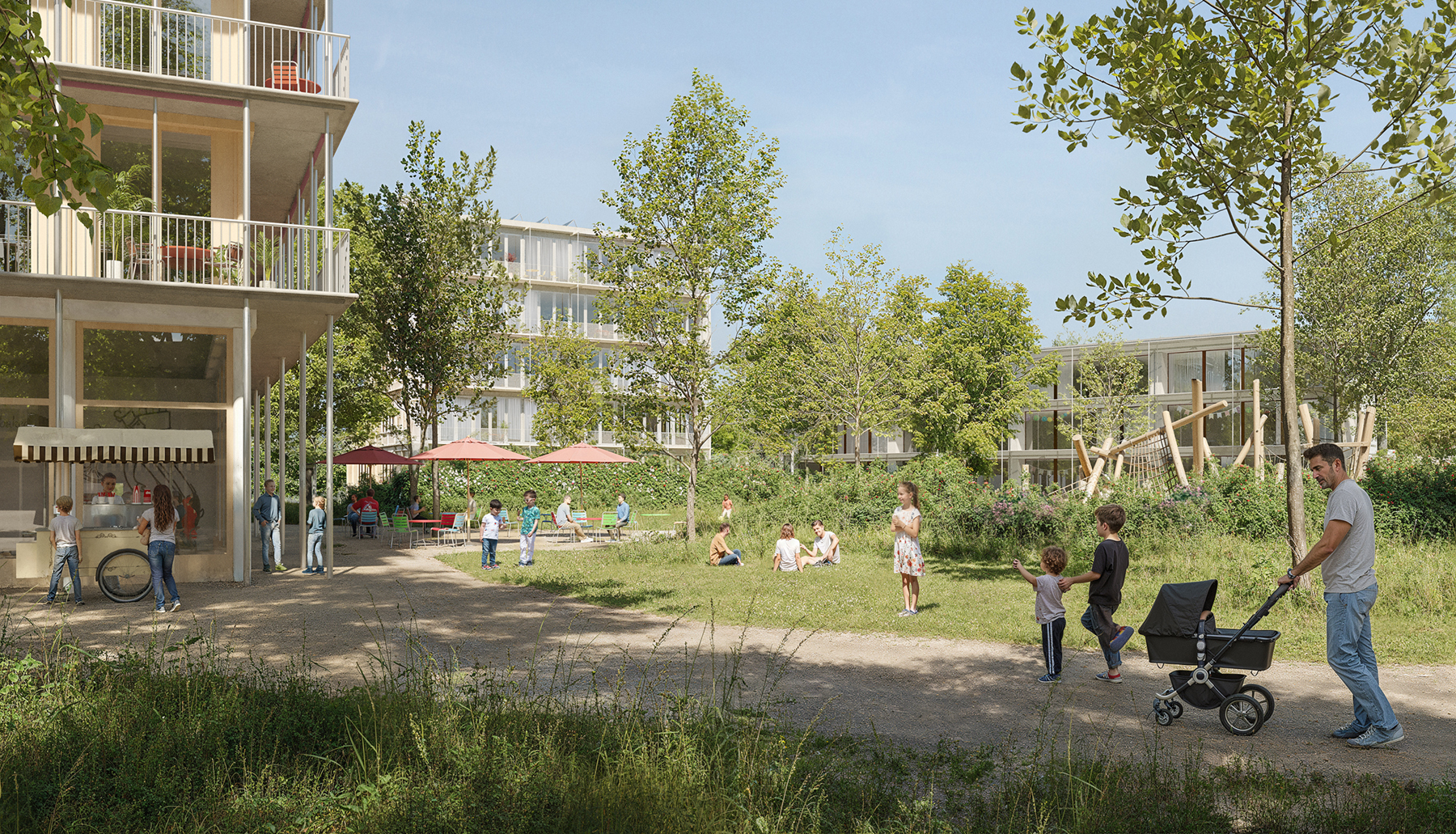  Der Birspark mit viel Grünfläche und Bäumen, rechts das Schulhaus BirsparkStand August 2024, © Studio Gugger, Basel | Westpol Landschaftsarchitektur, Basel | Visualisierung: Nightnurse Images AG, Zürich