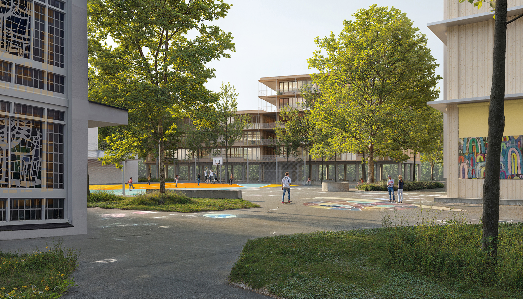  Der Sporthof Birspark und die neuen Überbauung mit dem offenem Luftgeschoss als Durchgang zur KirchstrasseStand August 2024, © Studio Gugger, Basel | Westpol Landschaftsarchitektur, Basel | Visualisierung: Nightnurse Images AG, Zürich